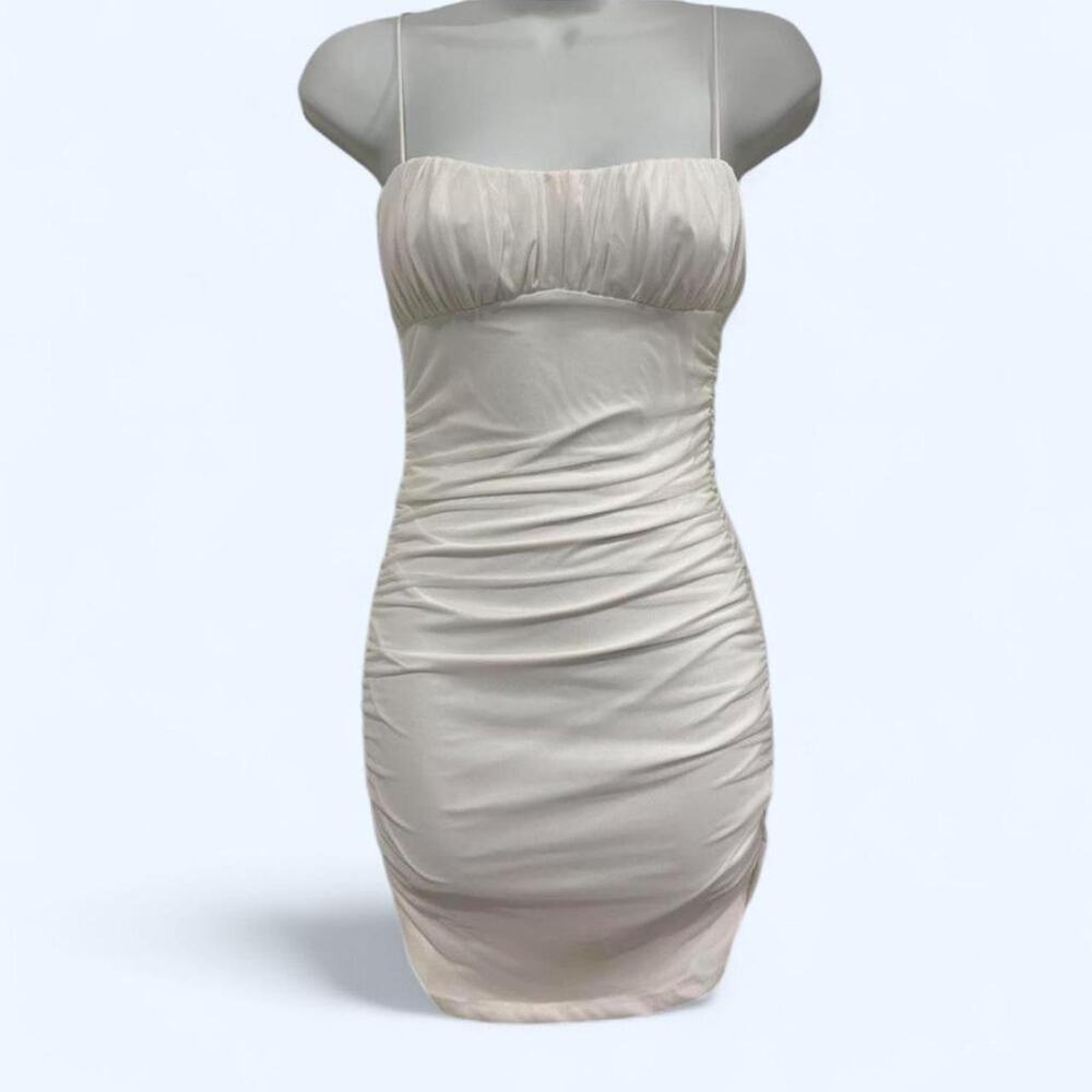 White ruched bodycon midi dress